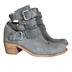 Plomo Gray Suede Buckle Ankle Booties